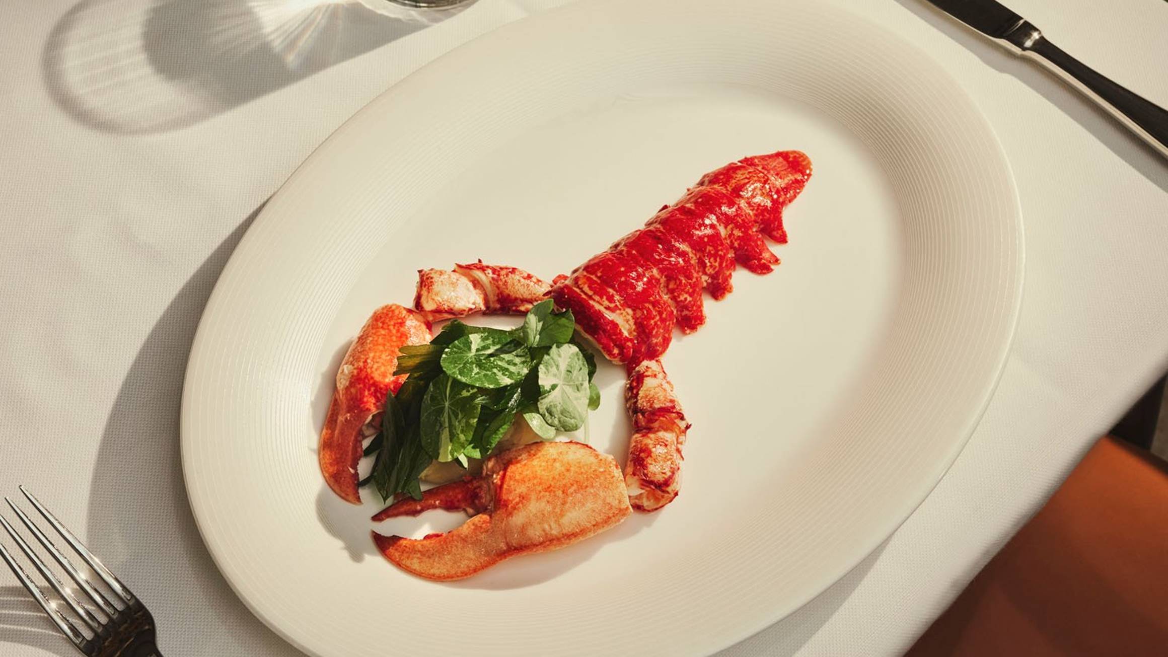 Maybourne red lobster on a plate with a knife and fork