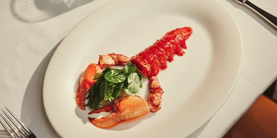 Maybourne red lobster on a plate with a knife and fork