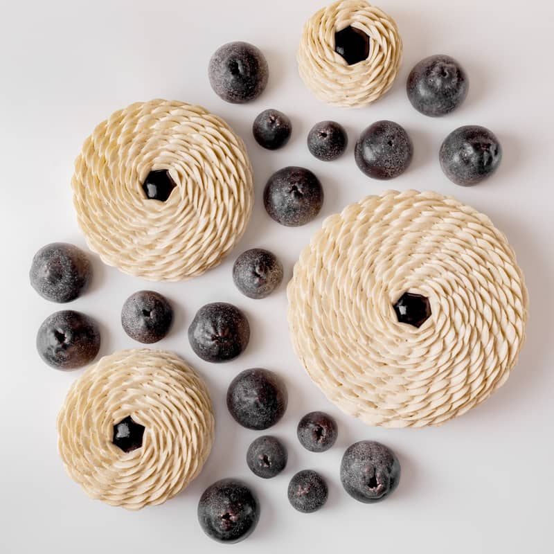 An artistic arrangement of intricately layered pastries with spiral patterns, paired with dark, round fruit-like elements on a pristine white background, creating a visually striking contrast.