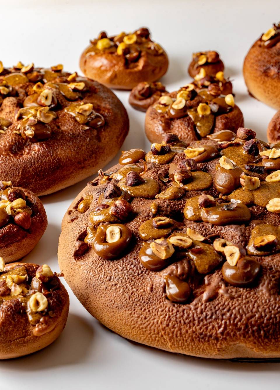 A close-up view of richly textured pastries adorned with caramelized hazelnuts and glossy chocolate accents, creating a warm, indulgent appeal on a smooth white surface.