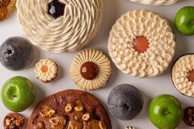 A vibrant assortment of pastries and fruit-like confections arranged on a white background, featuring spiraled cream textures, glossy green and dark accents, and nut-studded elements in a harmonious display.